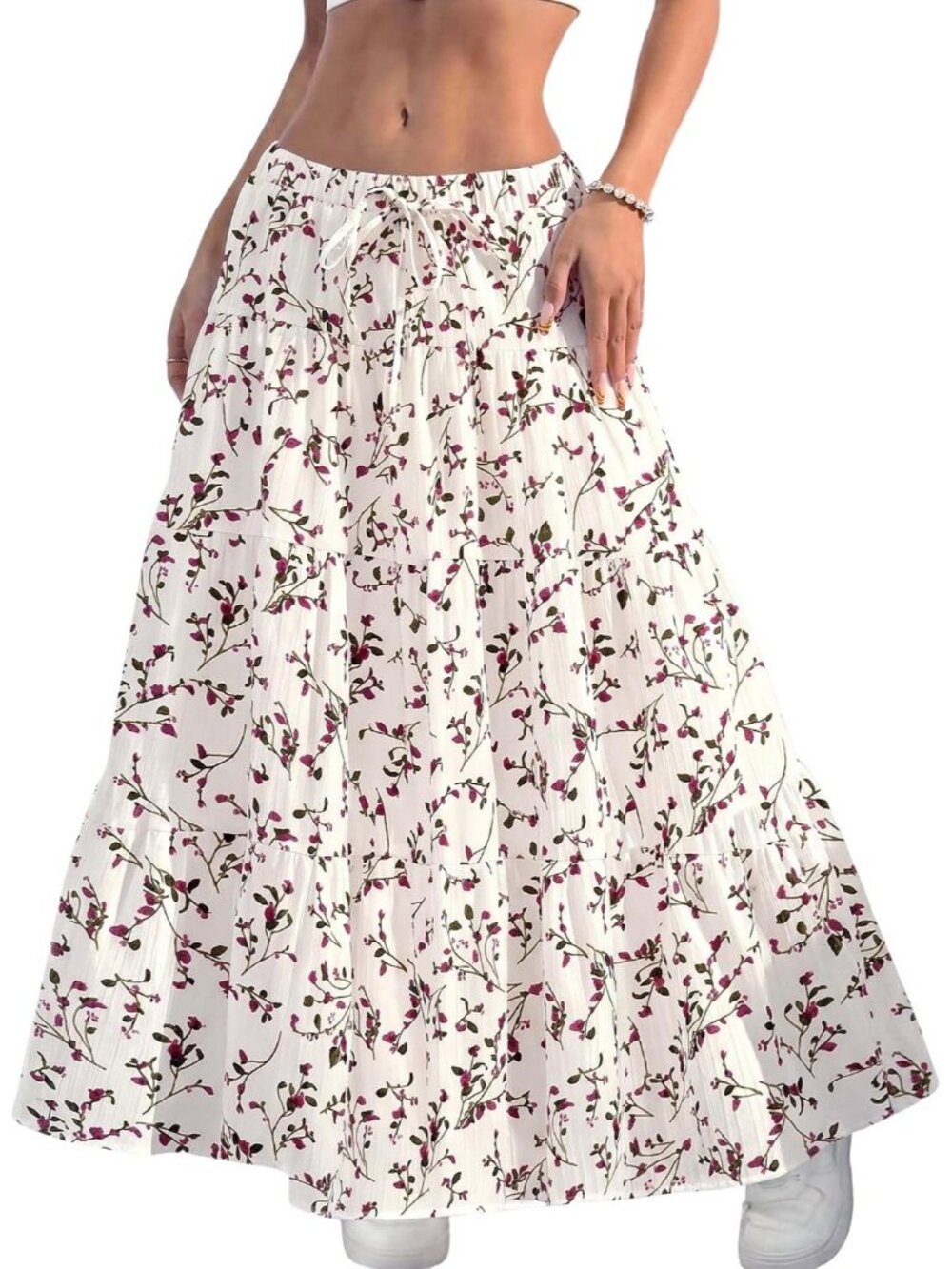 Women White/Pink Boho Flowy Tiered Ruffle Elastic High Waist Pull On Long Skirt
